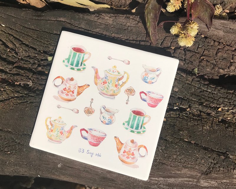 Yea time British tea time hand-painted ceramic absorbent coaster - Coasters - Pottery White