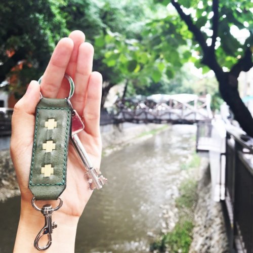 Marcello竹編皮革皮件 竹編皮革橄欖綠掛鉤鑰匙圈