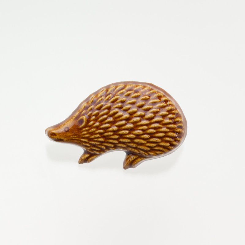 ceramics brooch hedgehog brown - Brooches - Pottery Brown