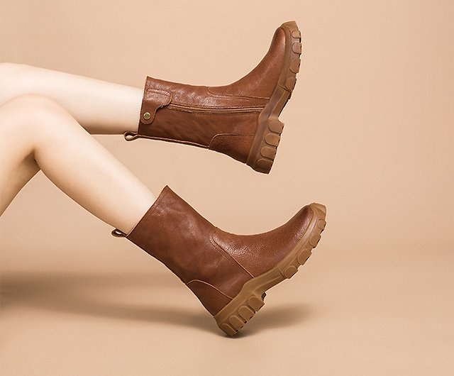 チェルシーブーツミッドヒールプラットフォームマーティンブーツレザーミッドブーツ - ショップ Dwarves Leather Shoes ブーティー  - Pinkoi