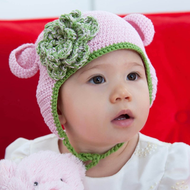 Cutie Bella Hand Knitted Hat Monkey-Pink/Green Trim - หมวกเด็ก - ผ้าฝ้าย/ผ้าลินิน สึชมพู