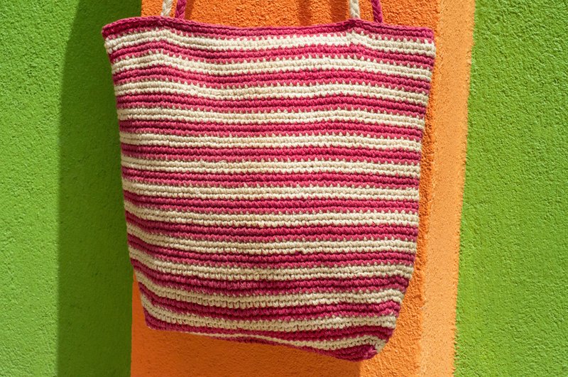 Natural cotton Linen crocheted portable bag / oblique backpack / shoulder bag / shoulder bag / shopping bag / bag - red and white striped - Messenger Bags & Sling Bags - Cotton & Hemp Multicolor