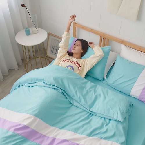 小日常寢居 新絲柔簡約拼接文青風床包+枕套+被套組-綠