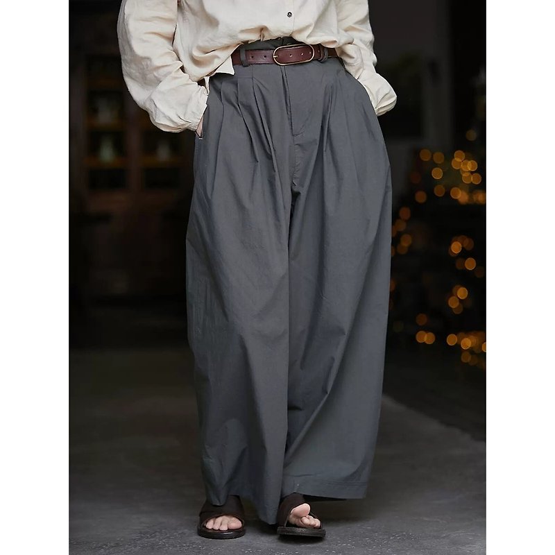 Spiral Green Semi-Elastic Waist Handsome Wide-Leg Pants - กางเกงขายาว - ผ้าฝ้าย/ผ้าลินิน 