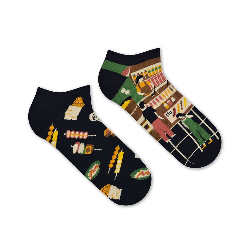 【Hong Kong Foodie】Street Foodie Mismatched Adult Low Socks - Socks - Cotton & Hemp Black