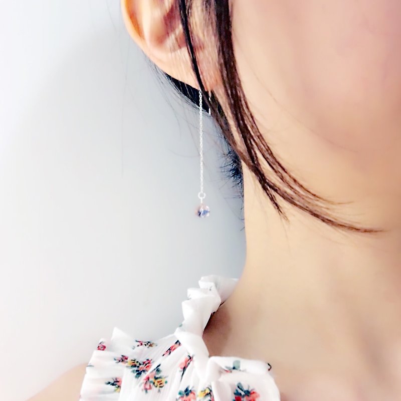 Powder crystal blue flower small flower ear chain S925 sterling silver earrings anti-allergy - ต่างหู - เงินแท้ สึชมพู