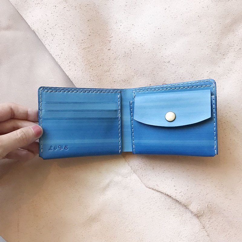 Leather short clip _ 3 card layers _ coin pocket _ sky blue - Wallets - Genuine Leather Blue