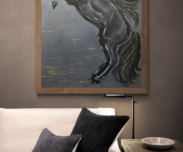 キャンバスに描かれた大きな抽象的な黒い馬の油絵 オリジナルの絵画