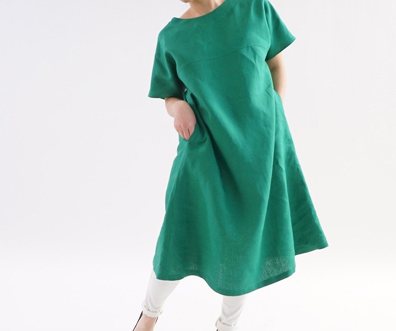 Belgian linen flared line Dolman dress / fjord green a16-6 - One Piece Dresses - Cotton & Hemp Green