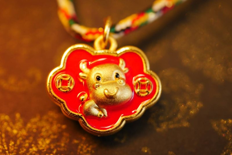 Gold Pendant-Chinese Zodiac Bull Gold Ornaments Moon Ceremony-Gold 9999 - Necklaces - 24K Gold Gold