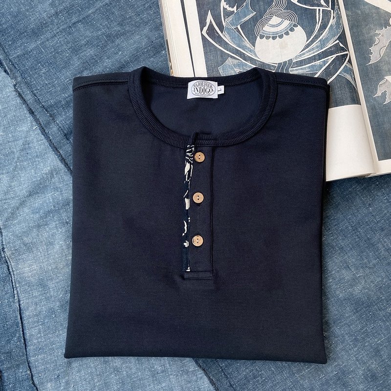 MajorFolk blue dyed ancient cloth retro Japanese style small waffle heavy loose men's long-sleeved Henry collar TEE - เสื้อยืดผู้ชาย - ผ้าฝ้าย/ผ้าลินิน 