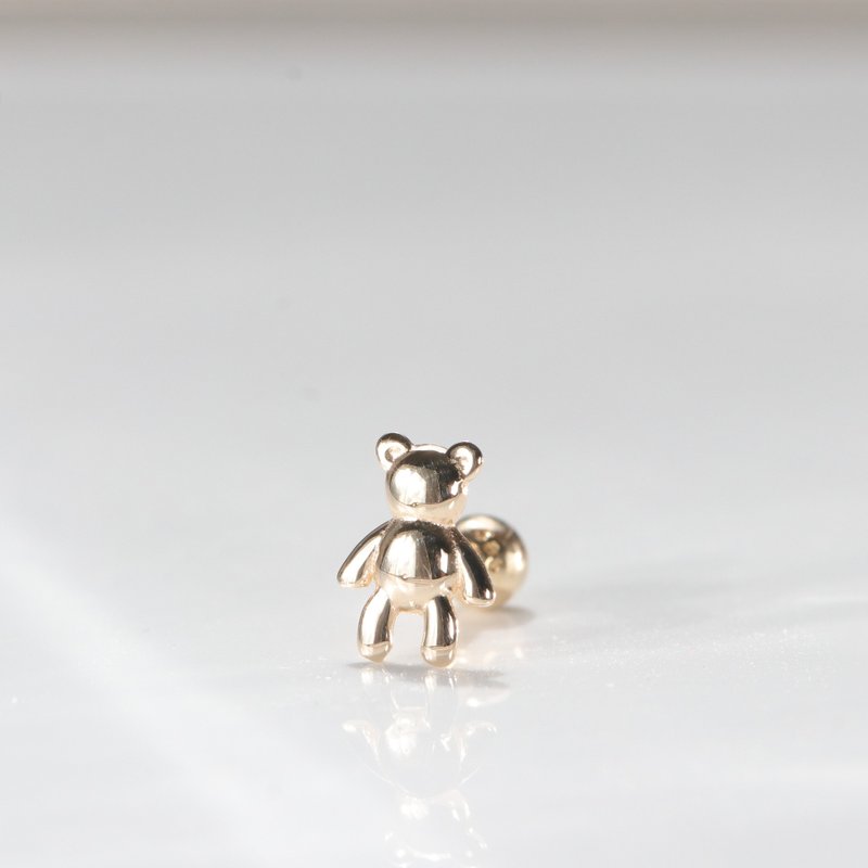 14K 可愛金熊鎖珠耳環(單個)耳骨 耳窩 不退色 - 耳環/耳夾/耳骨夾 - 貴金屬 金色