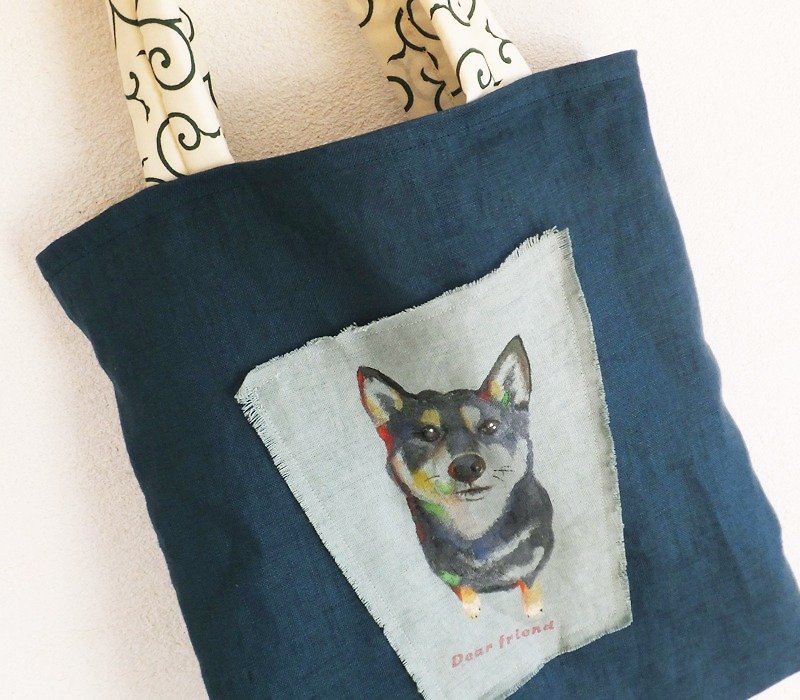 Hand-Painted Dog　linen bag　Shiba - Handbags & Totes - Cotton & Hemp Blue
