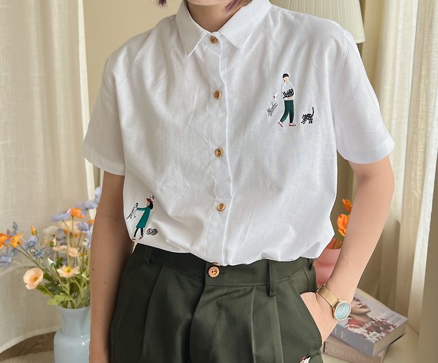 Embroidery Shirt : Naughty Cat 猫 White 白 S/M/L - ショップ Katji