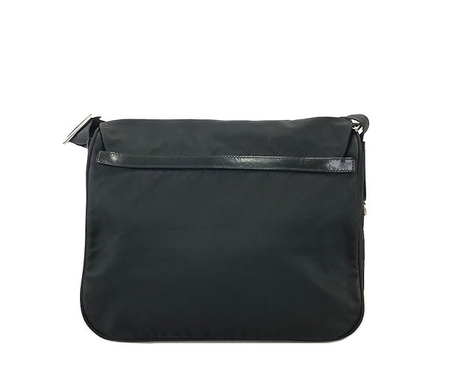 Prada Black Nylon Tessuto Messenger Crossbody Bag Leather ref