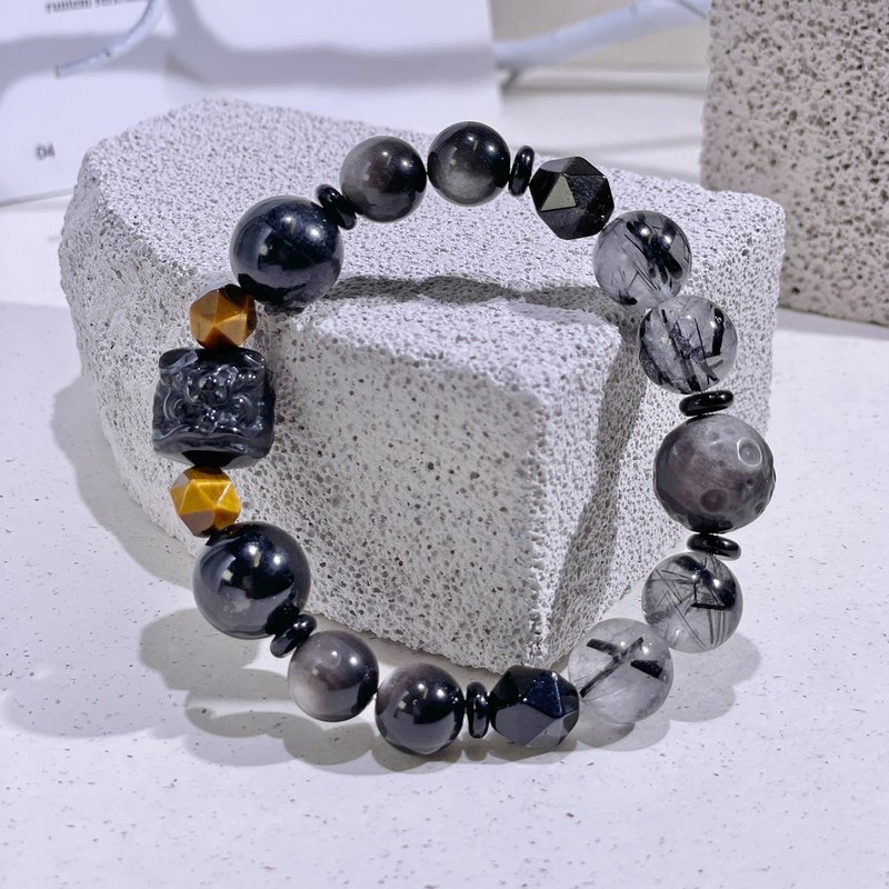 Courageous Awakening Lion|Yellow Tiger Eye| Silver Stone|Golden Luck Stone|Golden Obsidian|Black Hair Quartz|Crystal Bracelet A2407-1 - Bracelets - Crystal Black