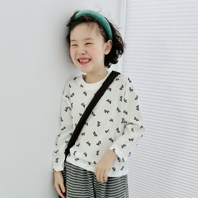 Bow print cotton long-sleeved top/children's clothing - เสื้อยืด - ผ้าฝ้าย/ผ้าลินิน ขาว