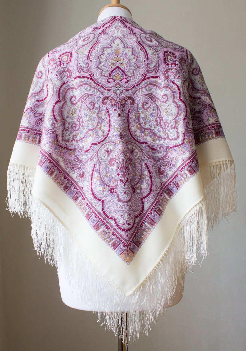 Authentic Pavlovo Posad Russian Shawl Scarf Soft 100% Wool 89x89 cm 529-7 - ผ้าพันคอ - ขนแกะ ขาว