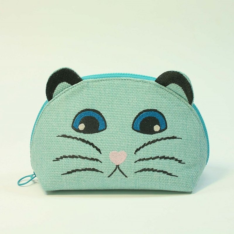 Embroidery Shell Cosmetic Bag 03-Cat Head - กระเป๋าเครื่องสำอาง - เส้นใยสังเคราะห์ สีเขียว
