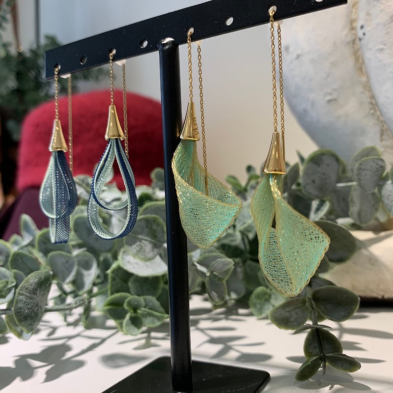 French handmade nylon petals earrings _ apple green - Earrings & Clip-ons - Polyester Green