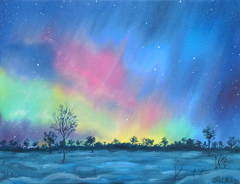 Northern Lights Painting Starry Night Canvas Oil Painting Sky Original Art - 海報/掛畫/掛布 - 其他材質 多色