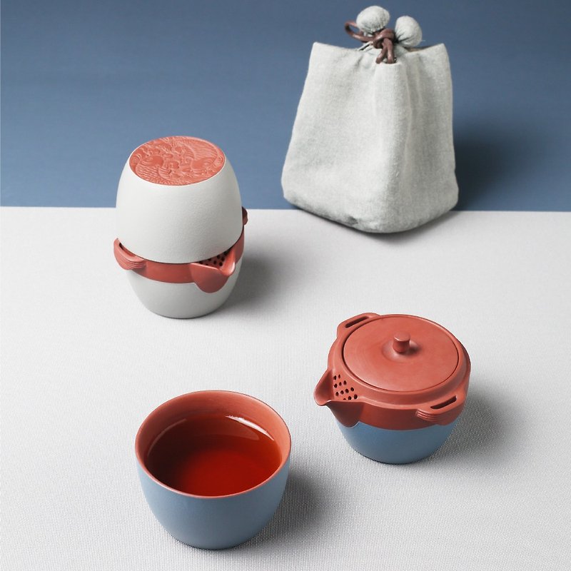 [Lubao LOHAS] Like a fish in water, make 1 pot and 1 cup at will + carry a cloth bag travel tea set - Teapots & Teacups - Pottery 