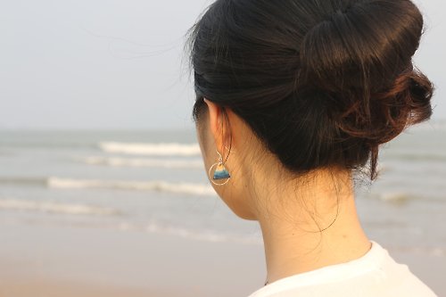 肆仨手作 藍色海洋系列三角陶瓷耳環耳夾純銀