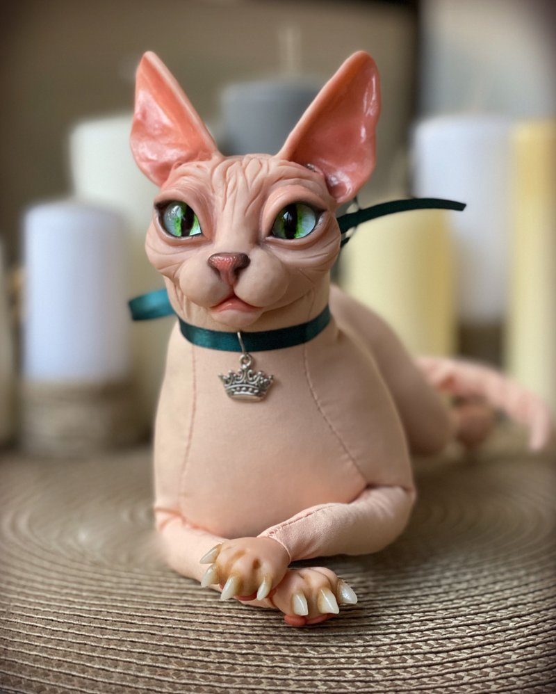 Sphinx cat doll, Hairless Sphynx cat puppet, cute kitten figurine - 玩偶/公仔 - 黏土 粉紅色