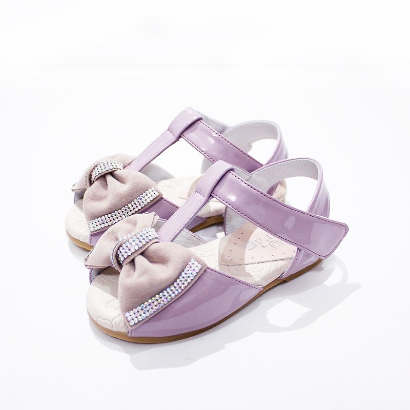 (零碼特價)亮晶晶蝴蝶結T字涼鞋-芋香紫 - 男/女童鞋 - 真皮 紫色