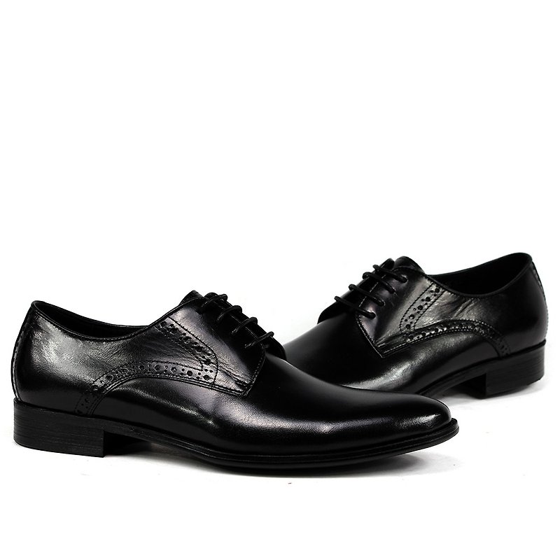 Sixlips V-Front 3/4 carved derby shoes black - รองเท้าหนังผู้ชาย - หนังแท้ สีดำ