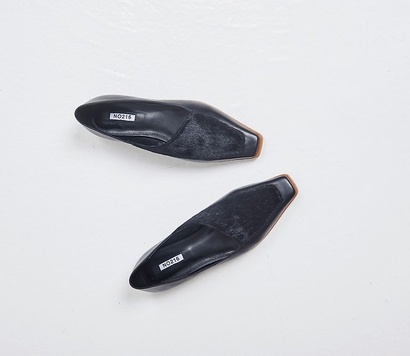斜めの小さな正方形のヘッドステッチフラットフラット - 革靴 - 革 ブラック