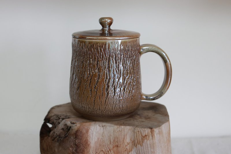 柴燒蓋杯/400ml/爆裂紋系列/瀧間拾光 - 咖啡杯/馬克杯 - 陶 