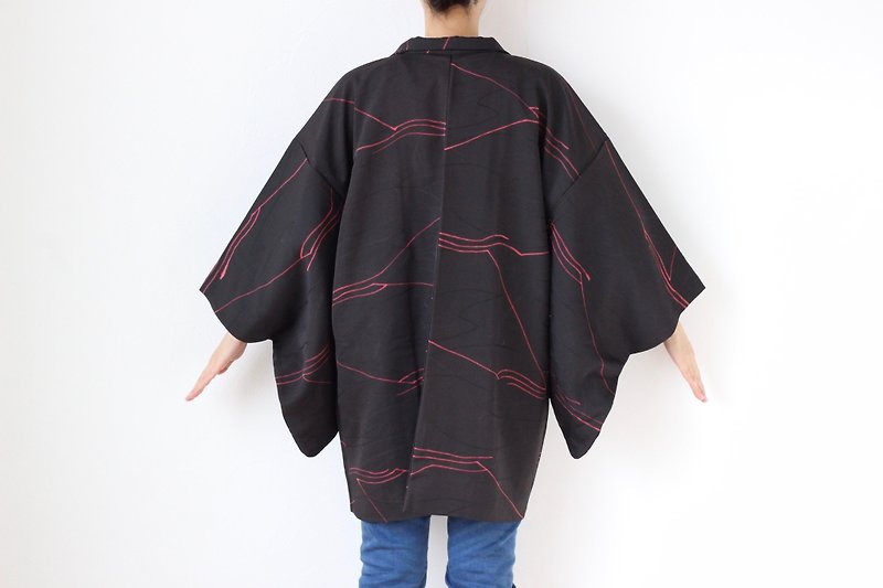 abstract kimono, Japanese silk haori, traditional kimono /4005 - Women's Casual & Functional Jackets - Silk Black