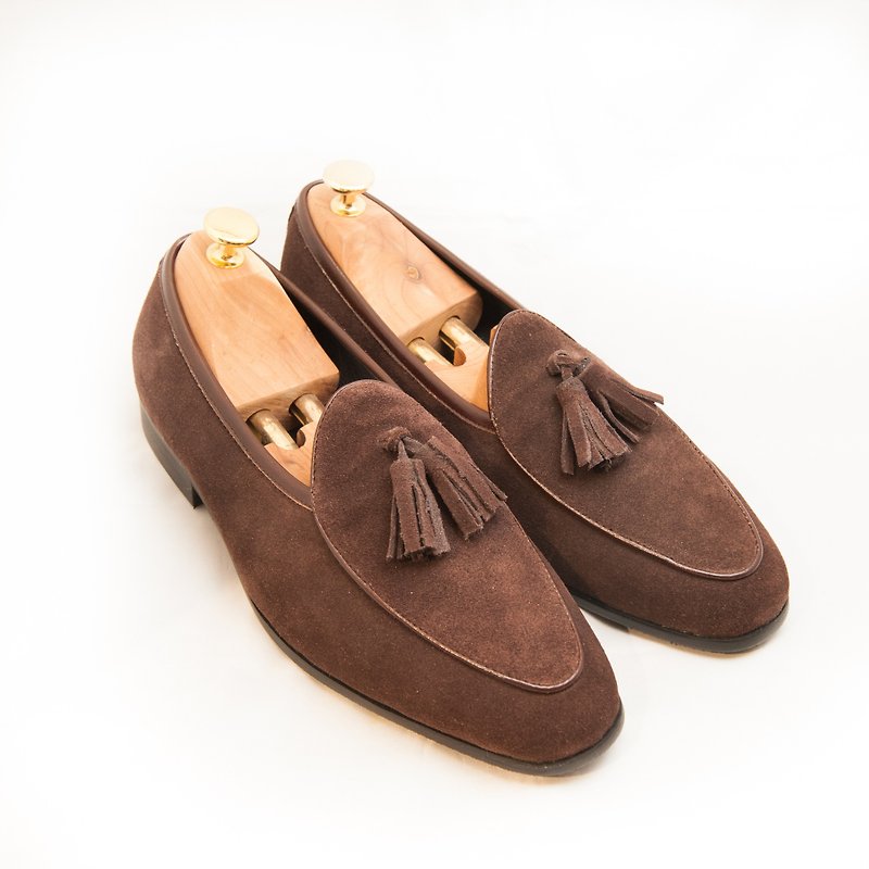 Leather suede fringed Belgian loafers men's shoes leather shoes-latte color-E1B26-80 - Men's Oxford Shoes - Genuine Leather Brown