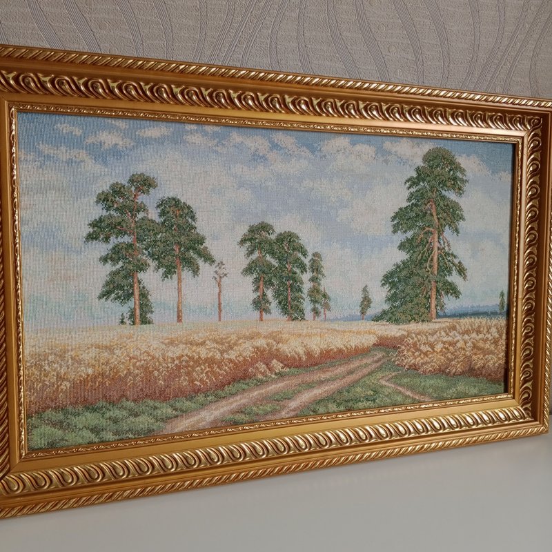 Handmade village landscape Rye, Hand Cross Stitched Artwork, Gifts, Home Decor - 壁貼/牆壁裝飾 - 棉．麻 金色