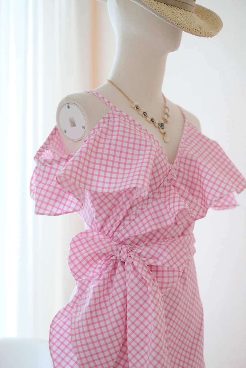 Pink gingham cotton dress Spring Summer Sundress Wrap dress - 洋裝/連身裙 - 棉．麻 粉紅色
