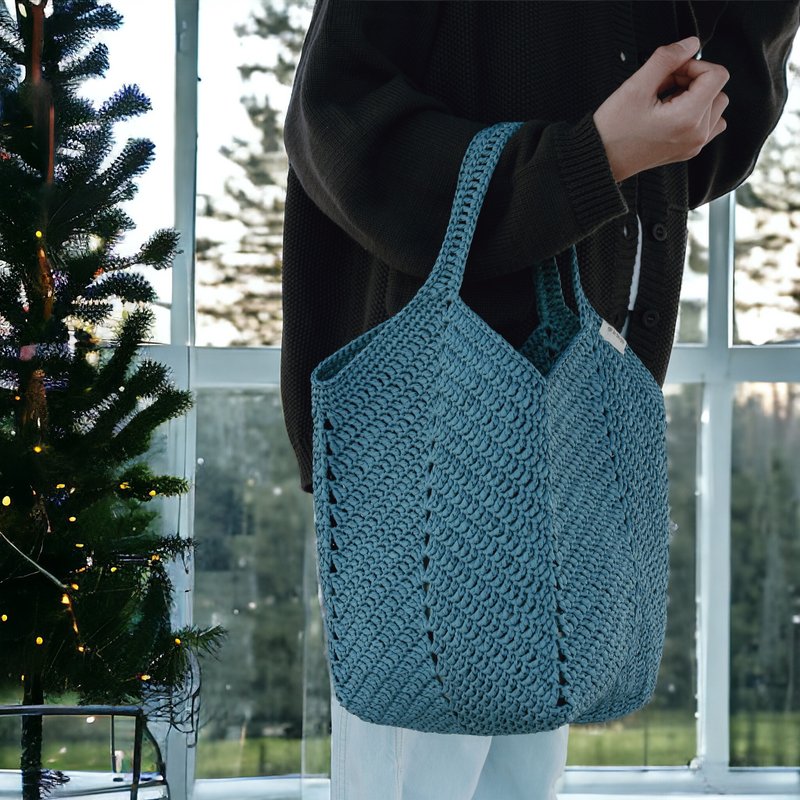 Three-dimensional woven bag ultra-light paper thread (heavy-resistant version) lake blue handbag/tote bag - กระเป๋าถือ - กระดาษ 