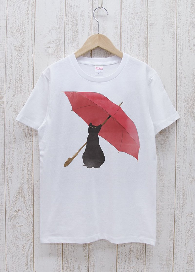 Rainy black cat Tee White / R039-T-WH - Unisex Hoodies & T-Shirts - Cotton & Hemp White