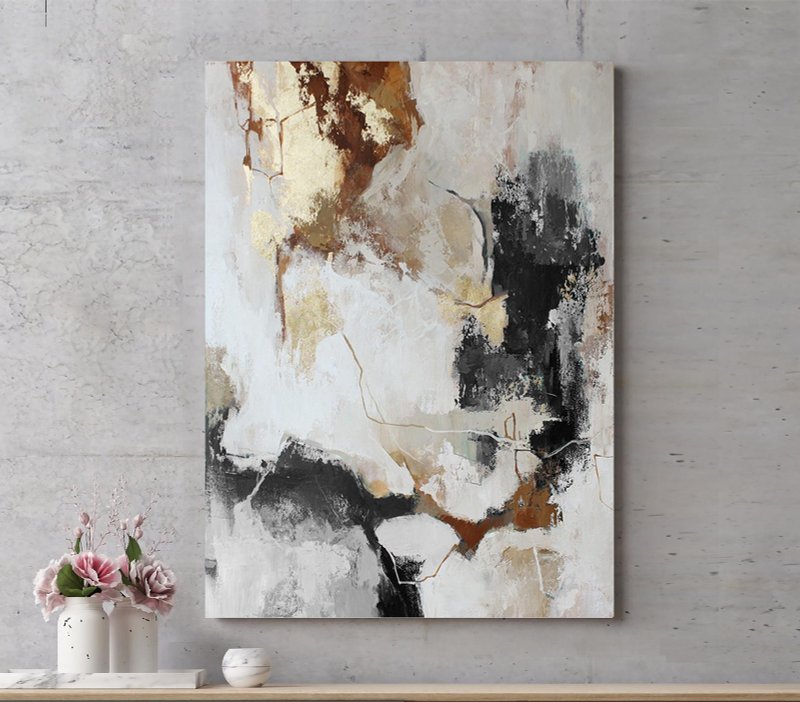 Gray Painting | Gray Gold Painting | Golden Gray Abstract Painting | Gray Flux - 壁貼/牆壁裝飾 - 棉．麻 灰色