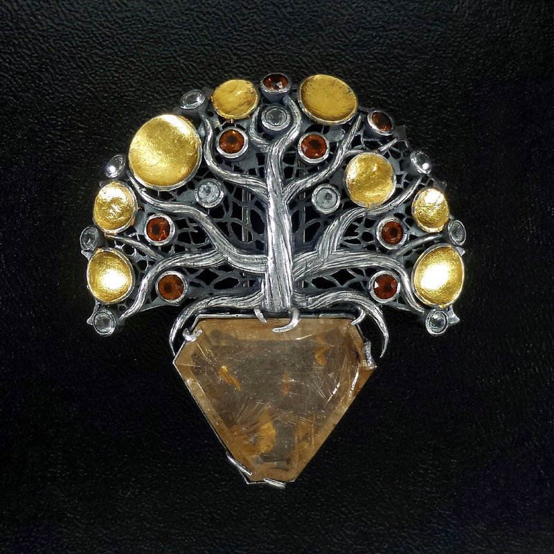 金絲鈦晶 925純銀胸針吊墜 - 金箔燒賦工藝 鏤空設計 - 生命之樹 - 胸針 - 寶石 金色