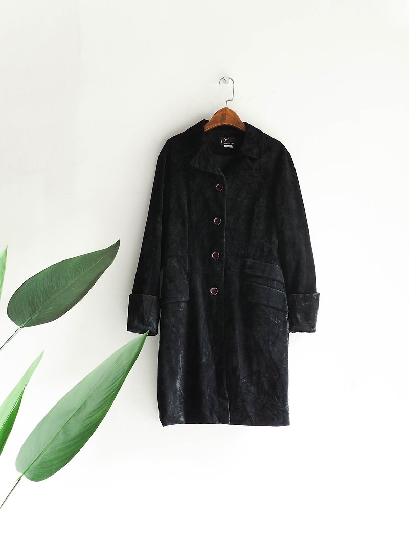 Gifu ink black plain classic sheep antique suede coat coat vintage overcoat - เสื้อแจ็คเก็ต - ผ้าฝ้าย/ผ้าลินิน สีดำ