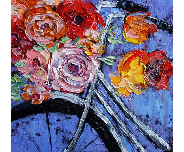 花絵油絵自転車オリジナルアートローズアートワークインパスト 