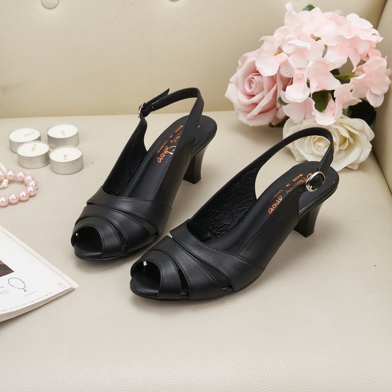 Wide last_Yukou hollow back air-heeled sandals black - High Heels - Genuine Leather Black