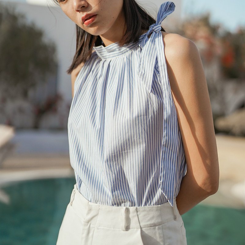 Xixi | Blue and white striped cotton strapless lace-up knotted top vest French elegant summer style - เสื้อผู้หญิง - ผ้าฝ้าย/ผ้าลินิน สีน้ำเงิน