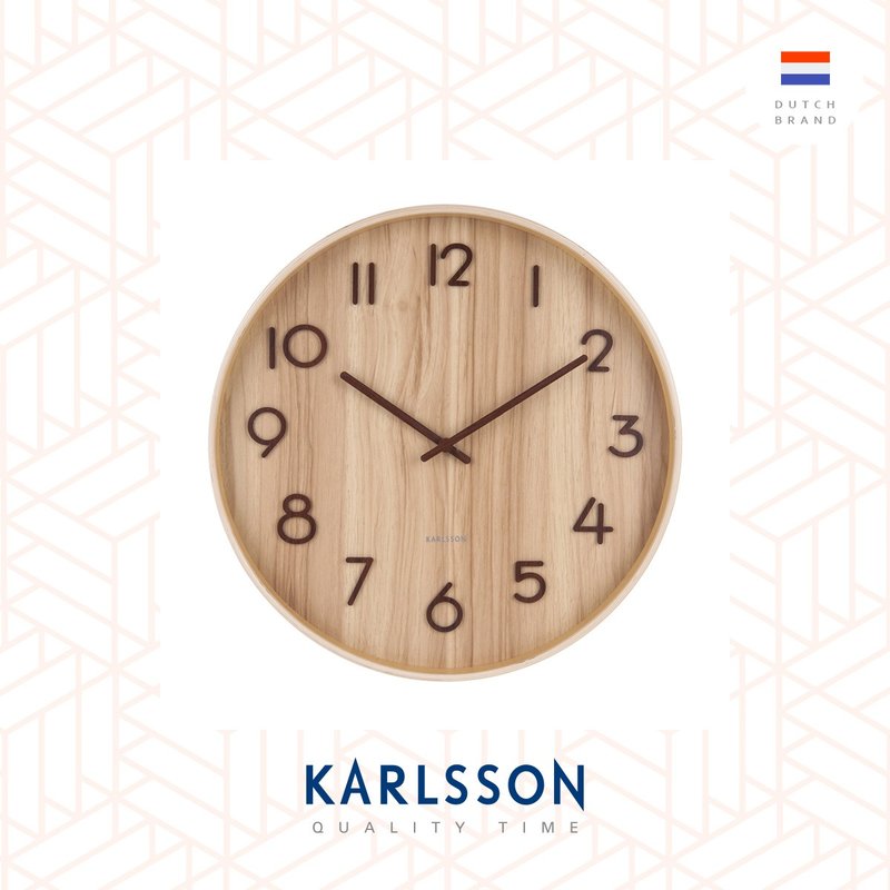 荷蘭Karlsson,40cm 木制淺木色數字掛鐘Wall clock Pure basswood - 時鐘/鬧鐘 - 木頭 咖啡色