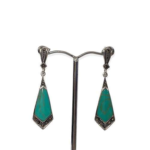 alisadesigns Art Deco Style Triangle Drop Earrings / Set Turquoise&Stone 925 Sterling Silver