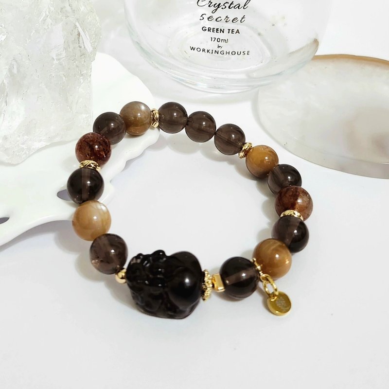 茶晶貔貅設計手鍊/高度聚財、消除負能量、防小人之搭配水晶 - 手鍊/手環 - 水晶 咖啡色