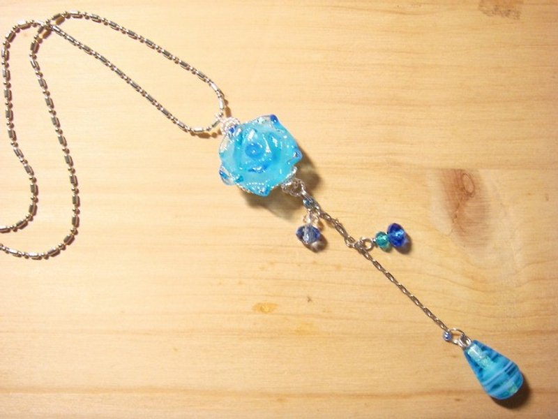 柚子林手工琉璃 - 來自玫瑰花的祝福 (藍色海洋系) - 技術x設計款 - 項鍊 - 玻璃 藍色