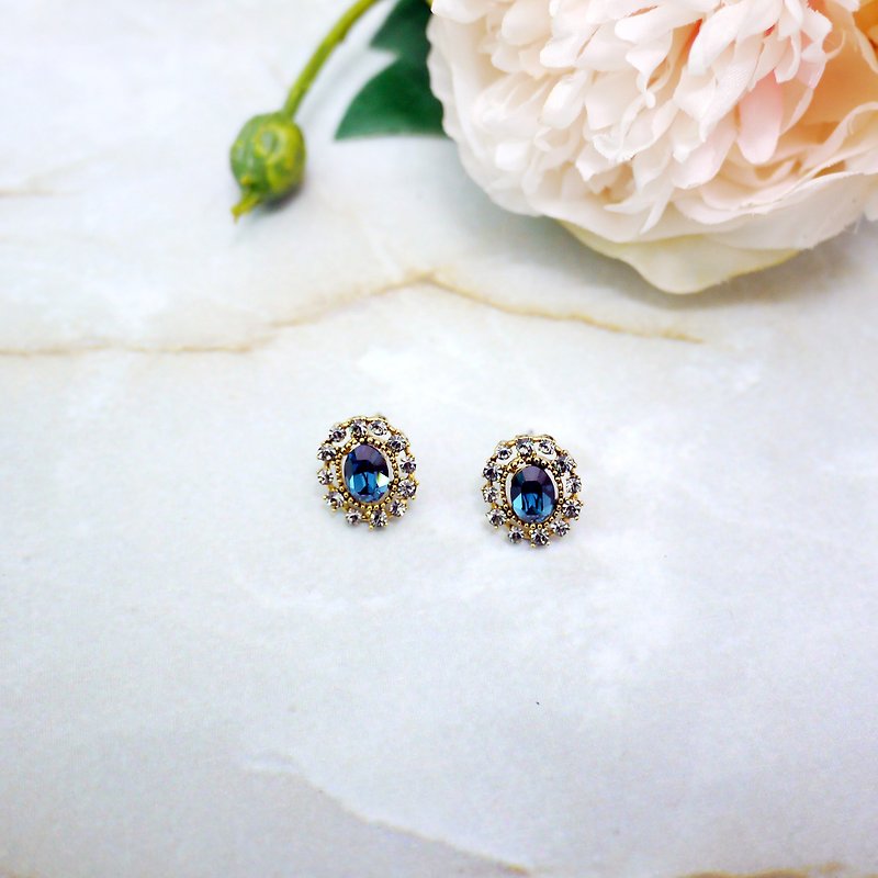 French sentiment Gemstone vintage earrings - ต่างหู - โลหะ สีน้ำเงิน