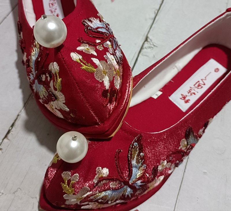 Baidie Handmade Customized Red Tencel Bow Shoes Without Pearls and Pompoms - Other - Other Materials Red